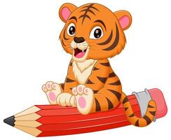 carino tigre cartone animato equitazione un' volante matita vettore illustrazione. animale formazione scolastica icona concetto
