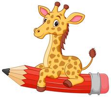 carino giraffa cartone animato equitazione un' volante matita vettore illustrazione. animale formazione scolastica icona concetto