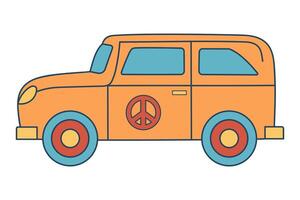 retrò Groovy hippie macchina. Vintage ▾ viaggio furgone. colorato cartone animato psichedelico anni '60, 70s stile. minimalista vecchio stile arte design. vettore
