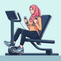 piatto design illustrazione di un' donna indossare un' hijab esercizio nel il Palestra utilizzando moderno attrezzatura vettore