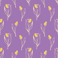 senza soluzione di continuità modello con primavera e estate colori. in stile schizzo tulipano modello, disegnato a mano su viola sfondo con giallo mini cuffie per unico confezione disegni e fiore negozi. vettore