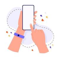 due mani tengono un telefono cellulare con il dito su uno schermo. modello di mani e smartphone su sfondo astratto. illustrazione vettoriale di cartone animato piatto.
