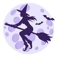 sagoma di una strega che vola su una scopa e pipistrelli sullo sfondo di una luna piena. vettore