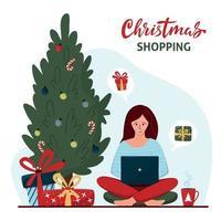 la donna compra i regali di natale online. concetto di shopping online con personaggi. sicurezza shopping natalizio da casa. albero di Natale decorato e donna con laptop. illustrazione vettoriale piatta