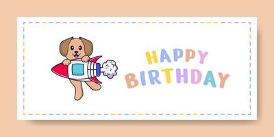 banner di buon compleanno con simpatico personaggio dei cartoni animati di cane. illustrazione vettoriale