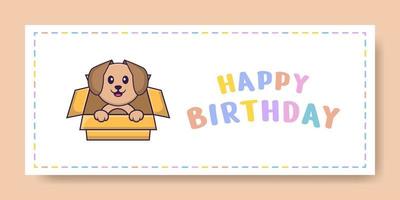 banner di buon compleanno con simpatico personaggio dei cartoni animati di cane. illustrazione vettoriale