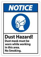 notare il divieto di fumo, pericolo di polvere, la maschera antipolvere deve essere indossata durante il lavoro in quest'area vettore