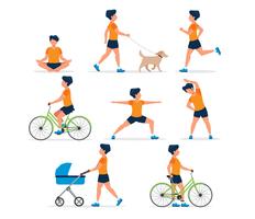 Uomo felice che fa diverse attività all&#39;aria aperta: corsa, dog walking, yoga, ginnastica, sport, ciclismo, passeggiate con la carrozzina. vettore