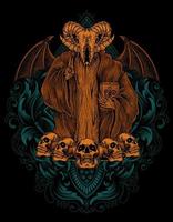 illustrazione spaventoso teschio baphomet su ornamento incisione vettore