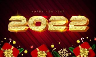 lucido colore dorato stile 2022 felice anno nuovo scritte, scatole regalo, fiocchi di neve d'oro, palline, stelle e foglie di pino intorno su sfondo rosso. può essere utilizzato come poster, banner o modello di progettazione. vettore