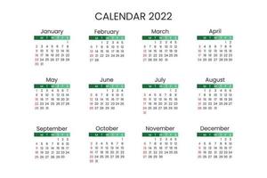 semplice modello di calendario 2022 colore sfumato verde vettore