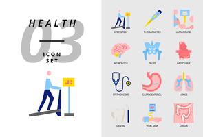 Icon pack per salute, ospedale, stress test, termometro, ultrasuoni, neurologia, pelvi, radiologia, stetoscopio, gastroenterologo, polmoni, dentale, segno vitale, colon. vettore