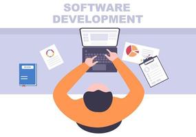 sviluppo software e codice di programmazione su computer illustrazione vettoriale per tecnologia, team di ingegneri, codifica, materiale di marketing, affari e presentazione
