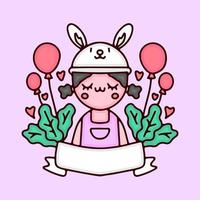 kawaii bambina nel vettore del fumetto del cappello del coniglietto con i palloni. perfetto per bambini della scuola materna, biglietti di auguri, baby shower, design in tessuto.