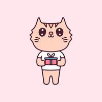 cartone animato gatto kawaii che tiene una piccola confezione regalo. perfetto per bambini della scuola materna, biglietti di auguri, baby shower, design in tessuto. vettore