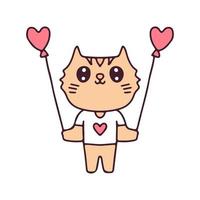 vettore del fumetto del gatto di kawaii che tiene i palloni del cuore. perfetto per bambini della scuola materna, biglietti di auguri, baby shower, design in tessuto.