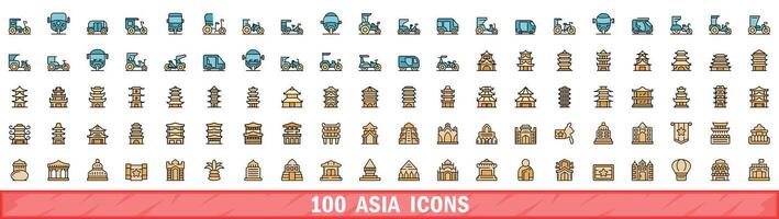 100 Asia icone impostare, colore linea stile vettore