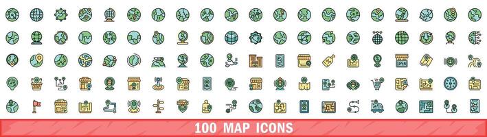 100 carta geografica icone impostare, colore linea stile vettore