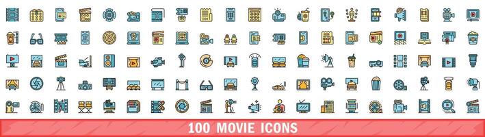 100 film icone impostare, colore linea stile vettore