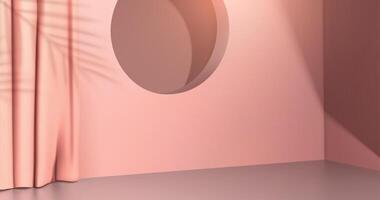 3d minimo rosa scena design con tenda, buco e foglia ombre. sfondo adatto per cosmetico o terme Prodotto Schermo. vettore