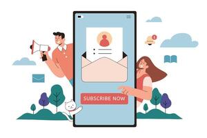 e-mail newsletter sottoscrizione cta nel piatto stile. uomo A proposito di con altoparlante e donna clic sottoscrivi adesso pulsante su un' mobile Telefono. bersaglio marketing e pubblicità per nuovo iscritti vettore