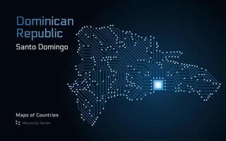 domenicano repubblica carta geografica con un' capitale di santo domingo mostrato nel un' microchip modello con processore. e-governo. mondo paesi vettore mappe. microchip serie