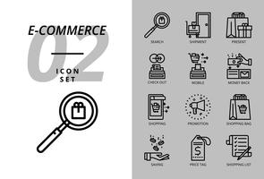 Icon pack per e-commerce, ricerca, spedizione, regalo, check out, cellulare, rimborso, abbigliamento uomo, promozione, shopping bag, shopping. vettore