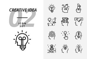 Icon pack per idea creativa, brainstorming, idea, creativo, lampadina, viaggio, strada, viaggio, piano, libro, educazione, stretta di mano, affari, gestione, matita. vettore