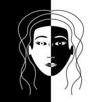 mano disegnato nero e bianca vettore di un' persone viso e facciale Caratteristiche con in profondità ombre e luminosa illuminazione. nero e bianca veloce carta con alto contrasto per stampato prodotti.