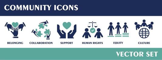 comunità icone. contenente appartenente, collaborazione, sostegno, umano diritti, equità, cultura. piatto design vettore impostare.