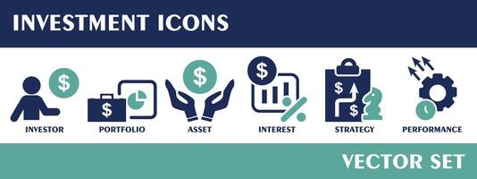 investimento icone. contenente investitore, portafoglio, bene, interesse, strategia, prestazione. solido icona collezione. vettore impostare.
