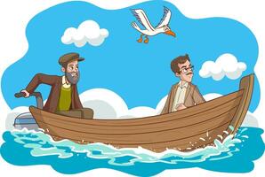 vettore illustrazione di Due uomini canottaggio su il uomini.di.mare su il barca e paesaggio marino