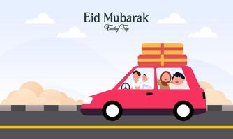 musulmano famiglia nel auto viaggio per città natale durante eid mubarak celebrazione vettore