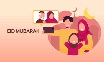 musulmano famiglia contatto loro Sambuco o genitori nel smartphone video chiamata per mostrare loro amore nel eid mubarak celebrazione vettore