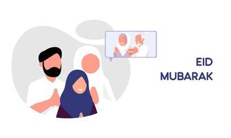 musulmano famiglia contatto loro Sambuco o genitori nel smartphone video chiamata per mostrare loro amore nel eid mubarak celebrazione vettore