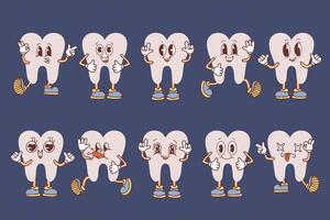 impostato di Groovy dente cartone animato personaggi. divertente salutare bianca molari con contento e triste facce, retrò cartone animato denti mascotte, odontoiatria e dentale cura etichetta. vettore