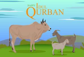 vettore vacanza islamico idul adha Qurban mucca capre azienda agricola nel verde campo leggero blu giorno