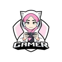 carino gamer ragazza nel hijab portafortuna esport logo vettore