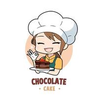 carino forno capocuoco ragazza cartone animato Tenere un' cioccolato torta portafortuna logo personaggio vettore
