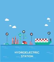 idroelettrico energia pianta edificio concetto, Infografica elementi illustrare il Lavorando principio di idroelettrico energia impianti, oceano. vettore illustrazione.