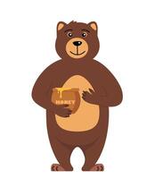 carino orso Tenere miele pentola. Marrone grizzly orso, isolato su bianca sfondo. orsacchiotto in piedi e mangiare dolce miele a partire dal il di legno botte. vettore illustrazione.