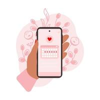 femmina mani Tenere Telefono con mestruale calendario periodo inseguitore. mestruazione ciclo Da donna Salute cura app. vettore illustrazione.