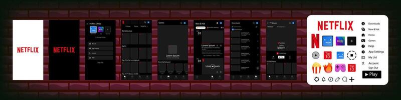 netflix interfaccia con pulsante. netflix schermo sociale media, sociale Rete interfaccia modello. homepage, Netflix, nuovo e piccante, sottoscrizione, profilo. pendenza sfondo. editoriale vettore