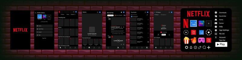 netflix interfaccia con pulsante. netflix schermo sociale media, sociale Rete interfaccia modello. homepage, Netflix, nuovo e piccante, sottoscrizione, profilo. pendenza sfondo. editoriale vettore