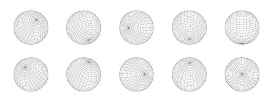 impostato di 3d sfera wireframe icone nel diverso posizioni. globo Modelli, sferico forme, griglia palle. terra globo figure con longitudine e latitudine, parallelo e meridiano Linee vettore