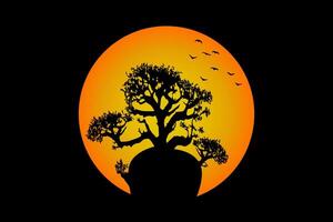 bob albero con sole e uccelli volare. baobab albero paesaggio australiano patriottico simbolo. andasonia albero silhouette icona e sole leggero pendenza, vettore isolato su nero sfondo