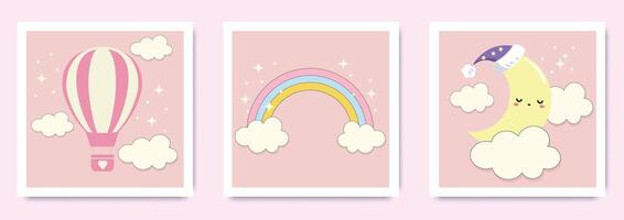 bambini parete arte vettore collezione. carino mano disegnato design con arcobaleno, nuvola, luna, caldo aria Palloncino. sfondo sfondo design per ragazzo camera decorazione. bambini festa invito. bambino e giocattolo carta e copertina