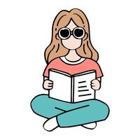un' donne nel occhiali da sole è rilassante con lettura un' prenotare, cattura il essenza di tempo libero e conoscenza acquisizione. nuovo normale concetto. vettore