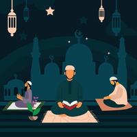 piatto Ramadan con Visualizza di preghiere I musulmani con sagome di moschea nel vettore illustrazione