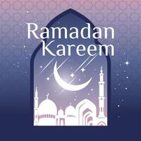 il mistico notte di Ramadan. sagome di un' tradizionale Arabo città con moschee su minorets nel il finestra. luminosa stellato notte e mondo di il Luna. piazza vettore cartolina